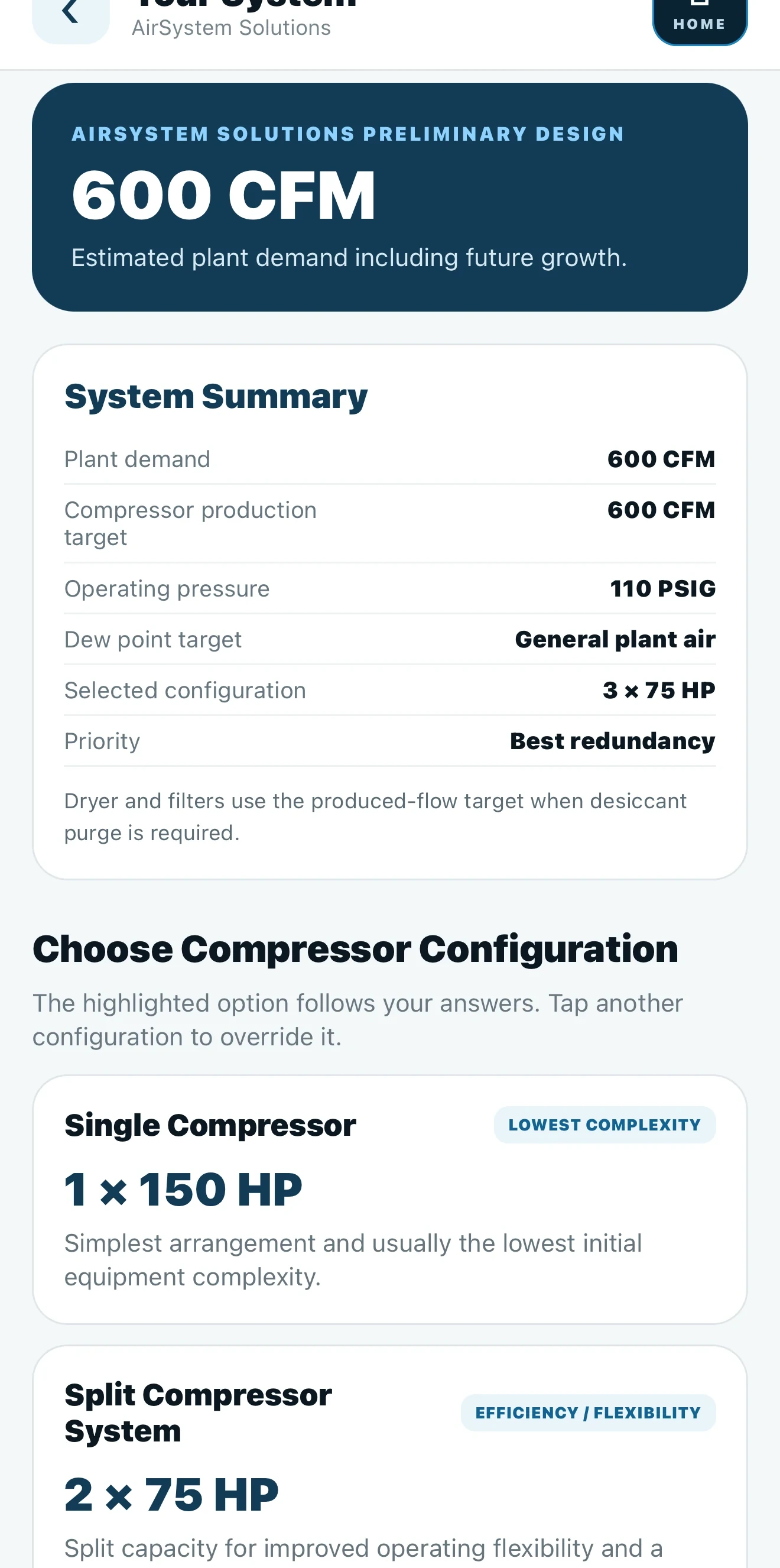 AirSystem Solutions system recommendation screen